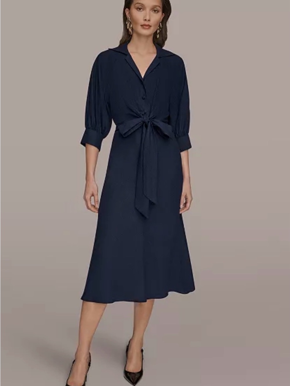 Donna Karan Navy Tie-Waist Midi Dress